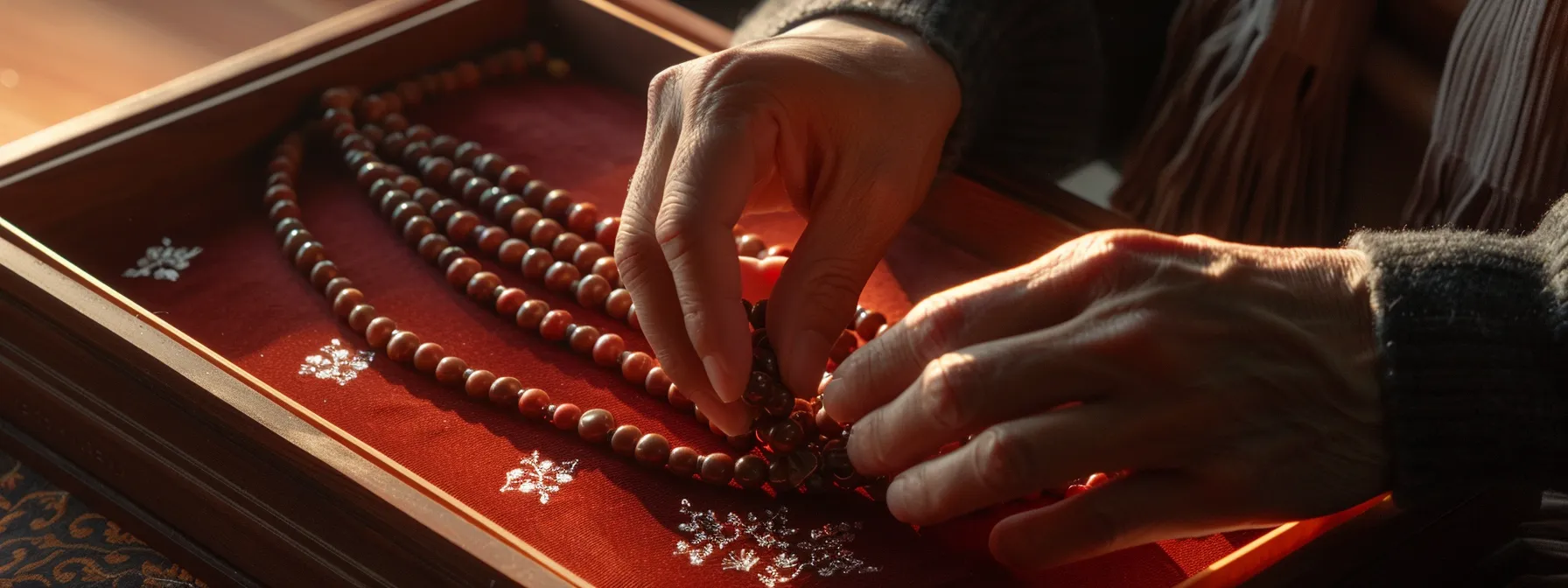 a person gently placing a shimmering thirteen mukhi rudraksha bead necklace into a velvet-lined jewelry box, handling it with utmost care and respect.