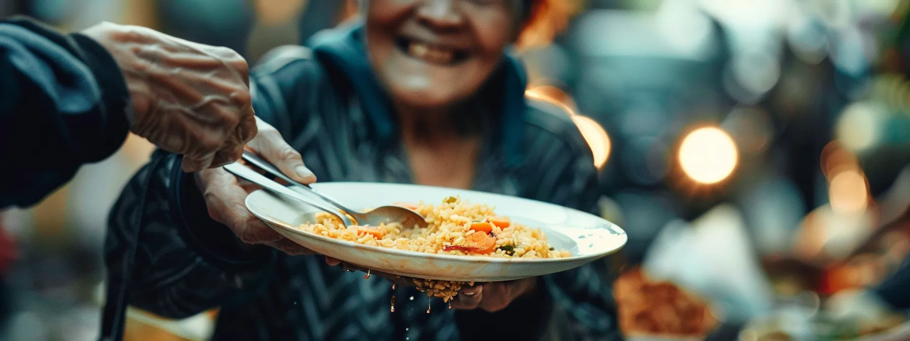 a person happily sharing a meal with someone in need, embodying the spirit of gratitude and giving.