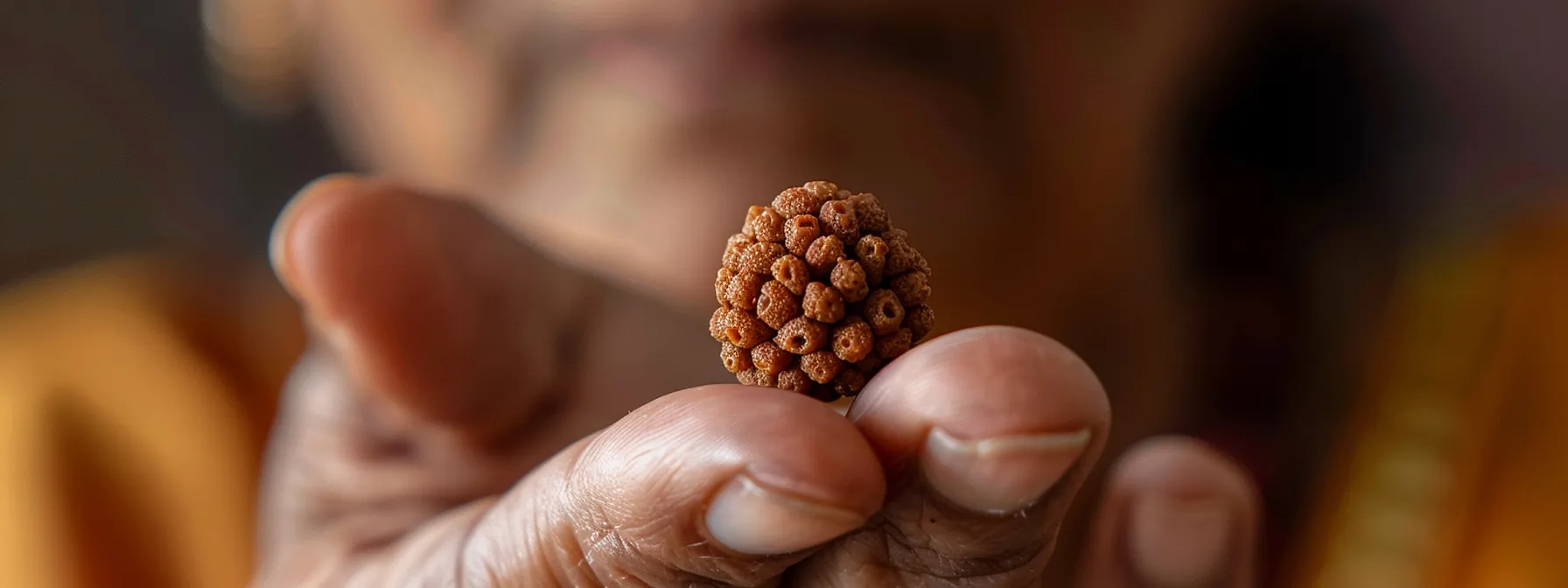 a person holding a genuine three mukhi rudraksha bead with a thoughtful expression, surrounded by fake beads to be avoided.