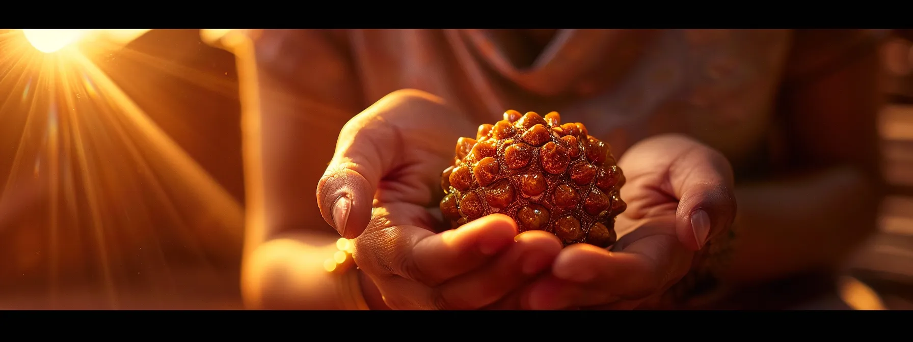 a person holding a gleaming ten mukhi rudraksha under a beam of golden light, surrounded by certificates of authenticity and guarantees from reputable sellers.