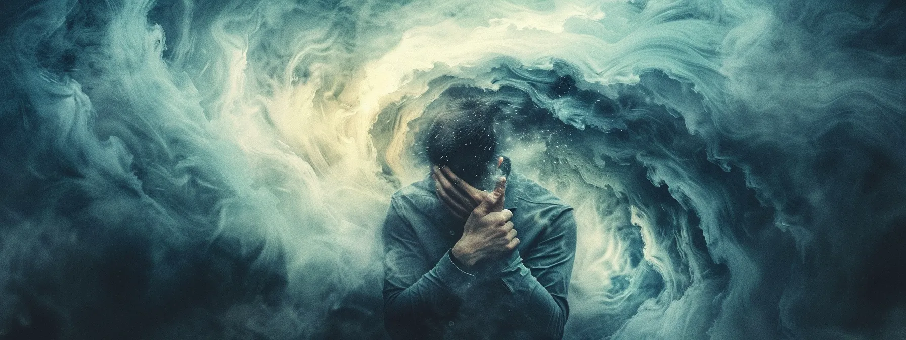 a person holding their chest in discomfort, surrounded by swirling dark storm clouds symbolizing stress and its impact on health.