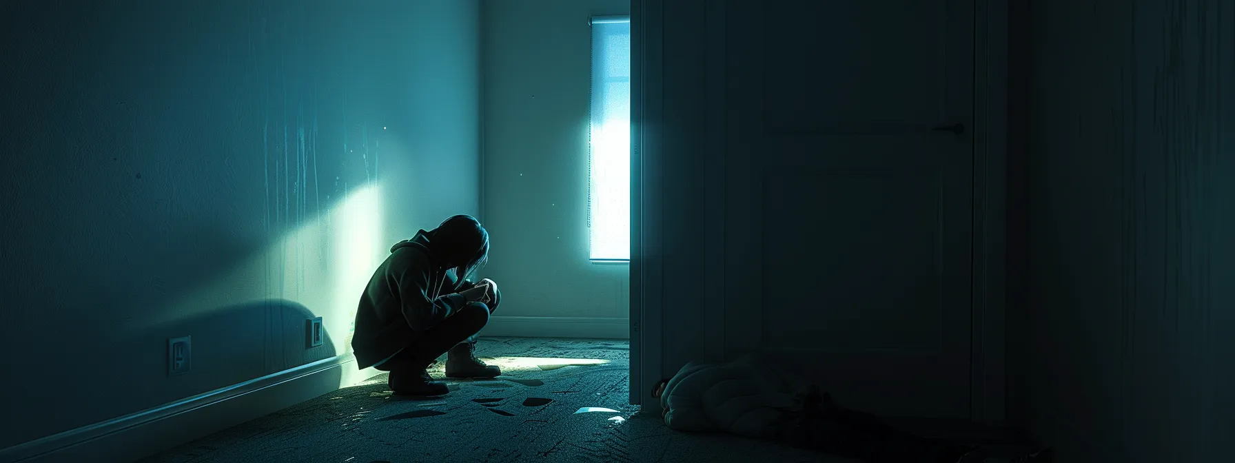 a person huddled in a corner, overwhelmed by intense emotions and intrusive thoughts, symbolizing the impact of ptsd on daily life.