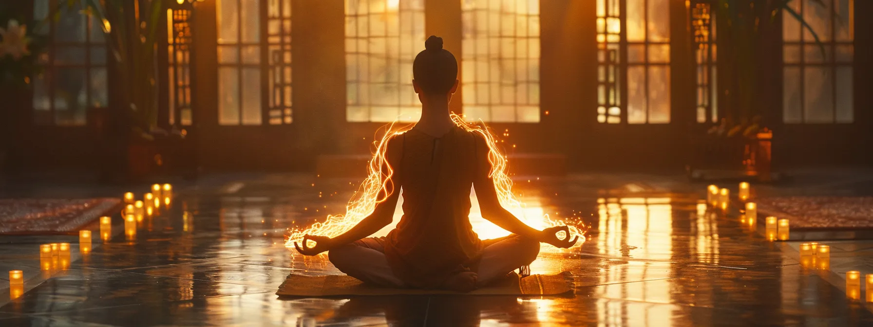 a person in a peaceful meditation pose, eyes closed, surrounded by a radiant glow, symbolizing enhanced self-regulation through the heart lock-in technique.