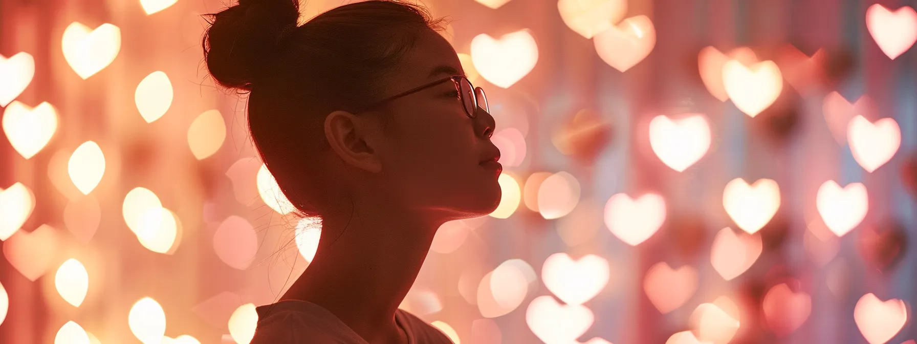 a person in a serene setting, with a calm expression, surrounded by glowing heart shapes symbolizing emotional resilience and cognitive function.