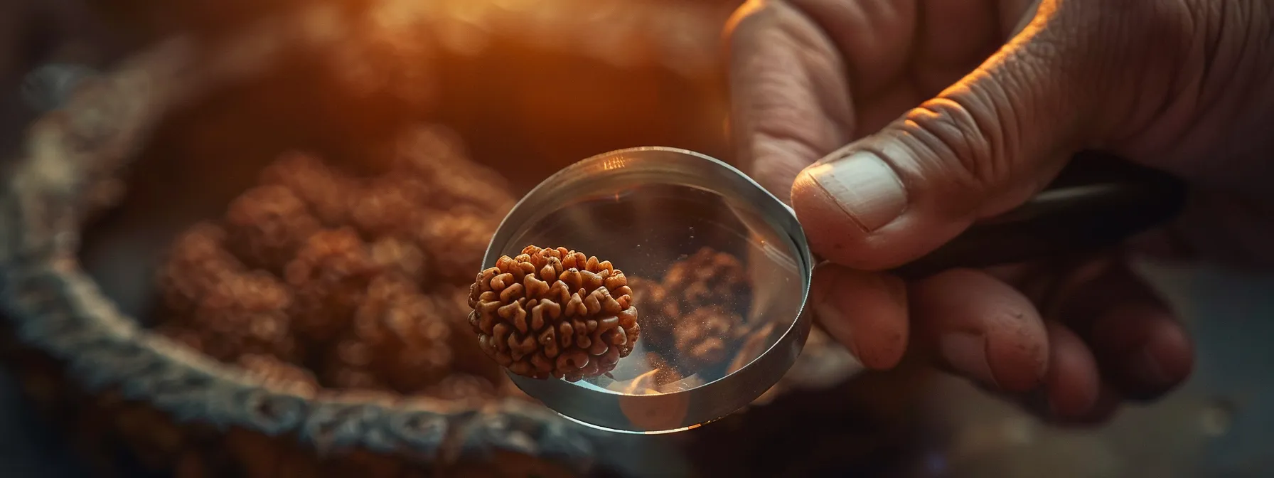 a person inspecting a luminous, perfectly round rudraksha bead under a bright light, with a magnifying glass in hand to check for authenticity.