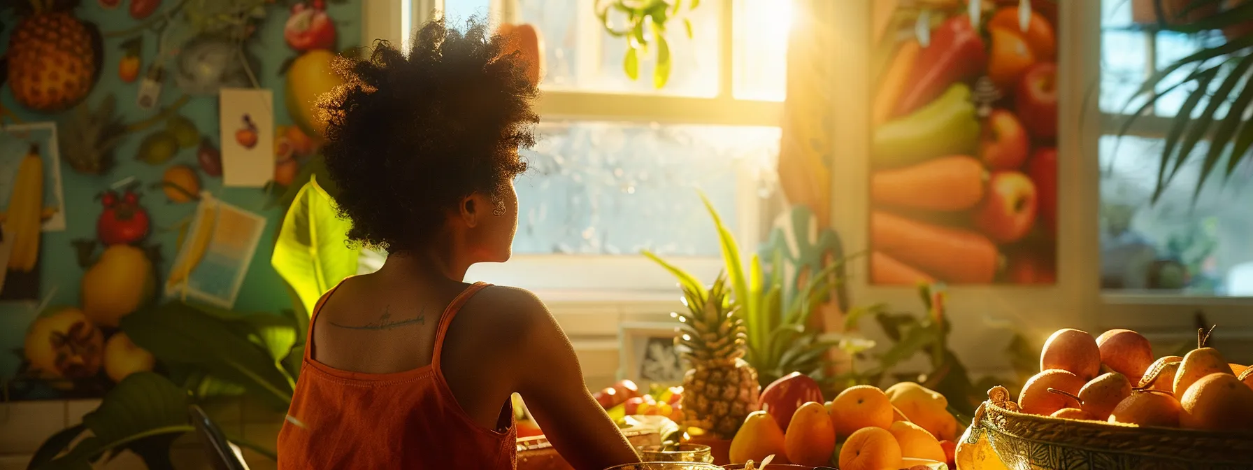 a person intensely focused on a vision board with healthy lifestyle goals, surrounded by colorful images of fruits and vegetables for breaking bad habits.