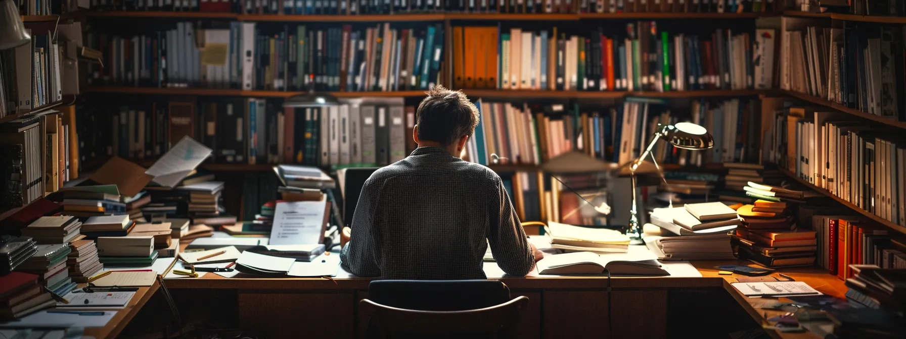 a person intensely studying financial textbooks and charts, surrounded by shelves of specialized knowledge books and resources.