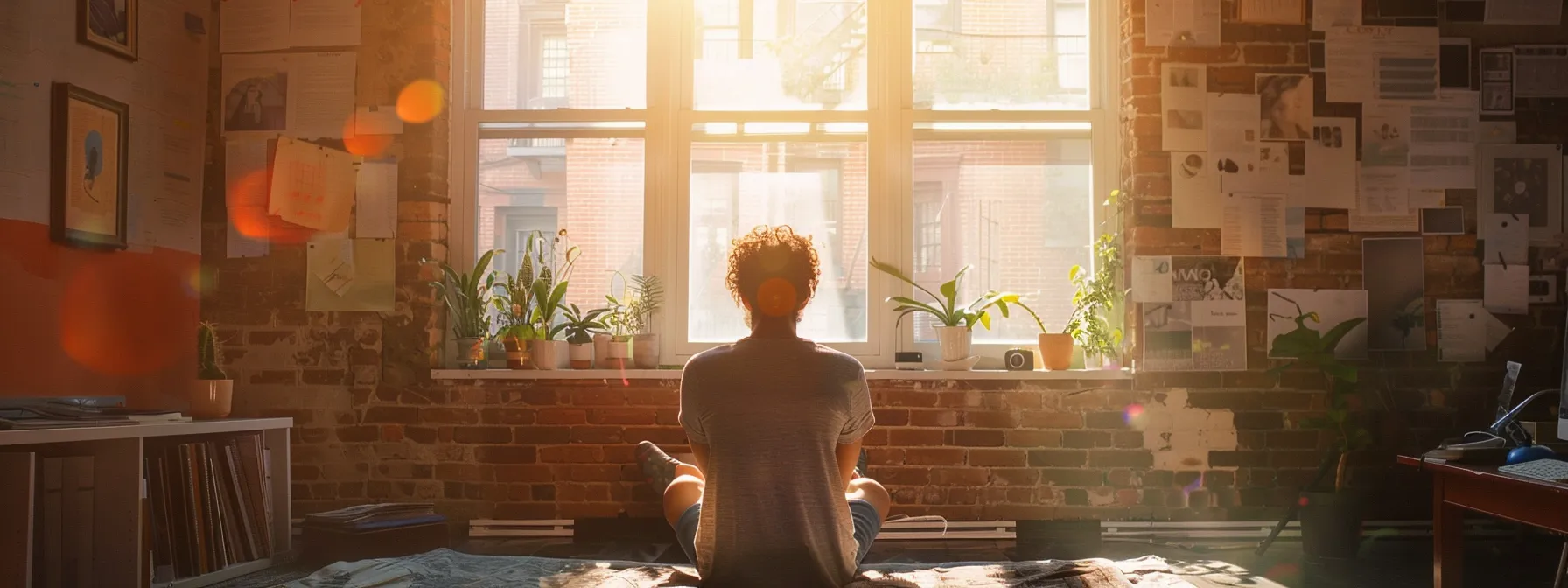 a person intensely visualizing their goals in a serene, clutter-free room, surrounded by motivational quotes and images.