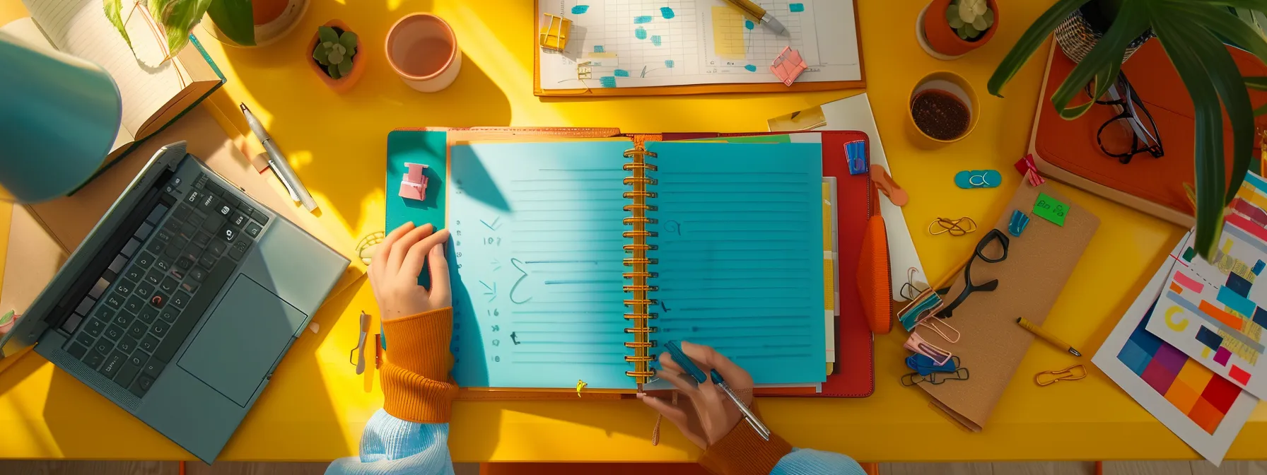 a person joyfully organizing a colorful budget planner on a bright, clutter-free desk.