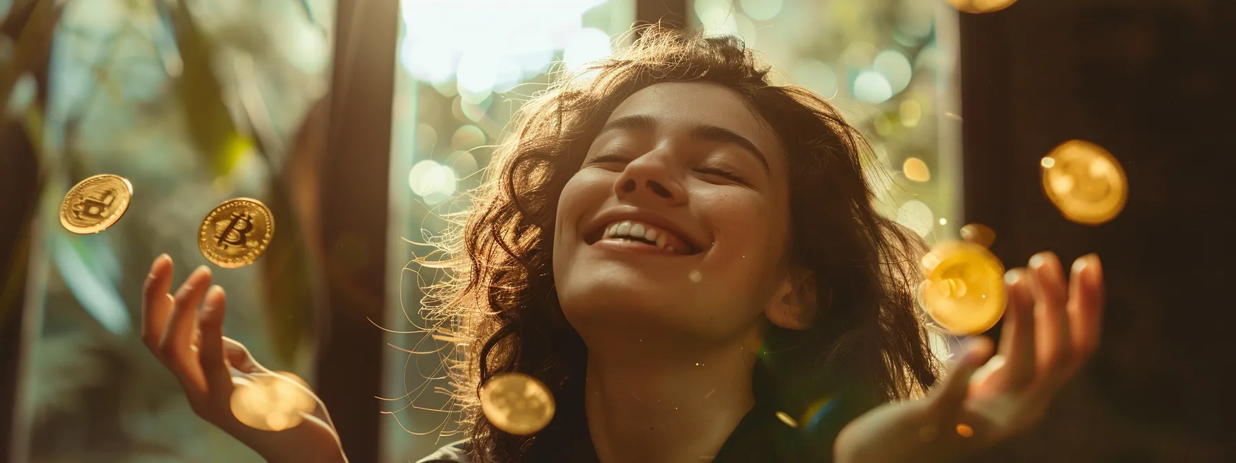 a person joyfully tossing a handful of golden coins into the air, smiling with eyes closed in gratitude and abundance.