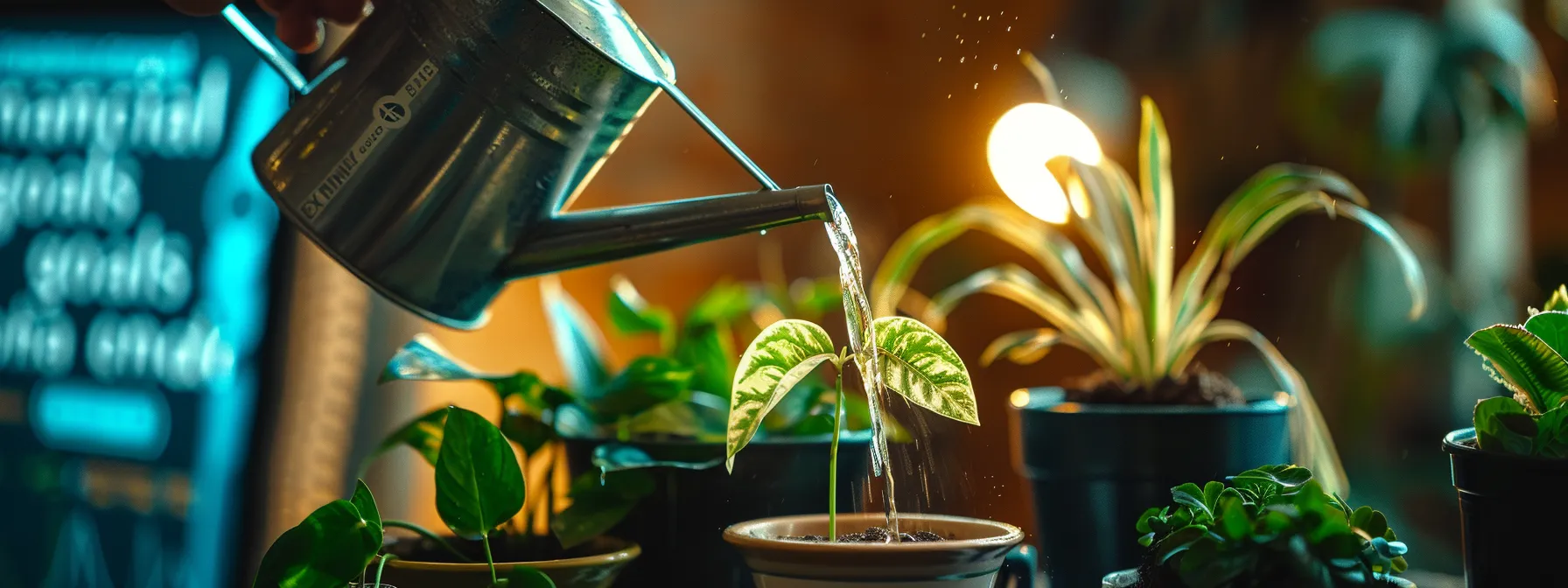 a person joyfully watering a plant labeled 