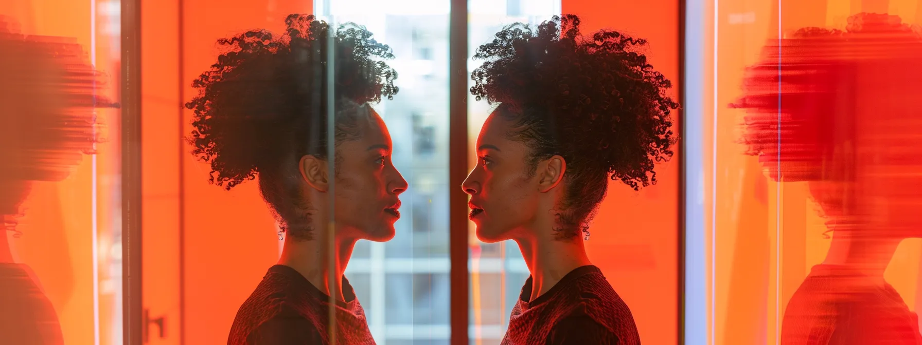 a person looking confidently at their reflection in the mirror, surrounded by positive affirmations and motivational quotes.