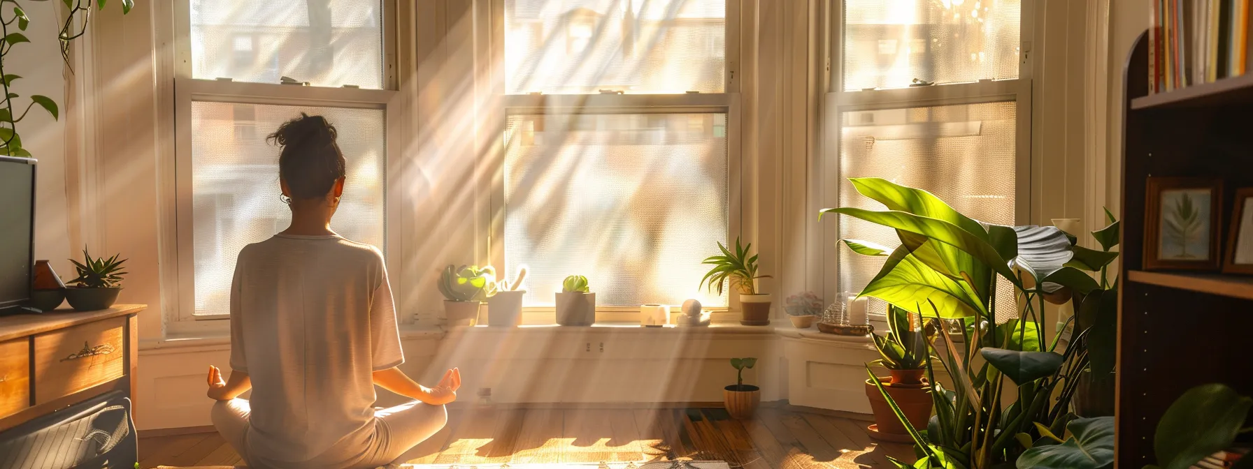 a person meditating in a peaceful, sunlit room, surrounded by affirmations and self-care tools.