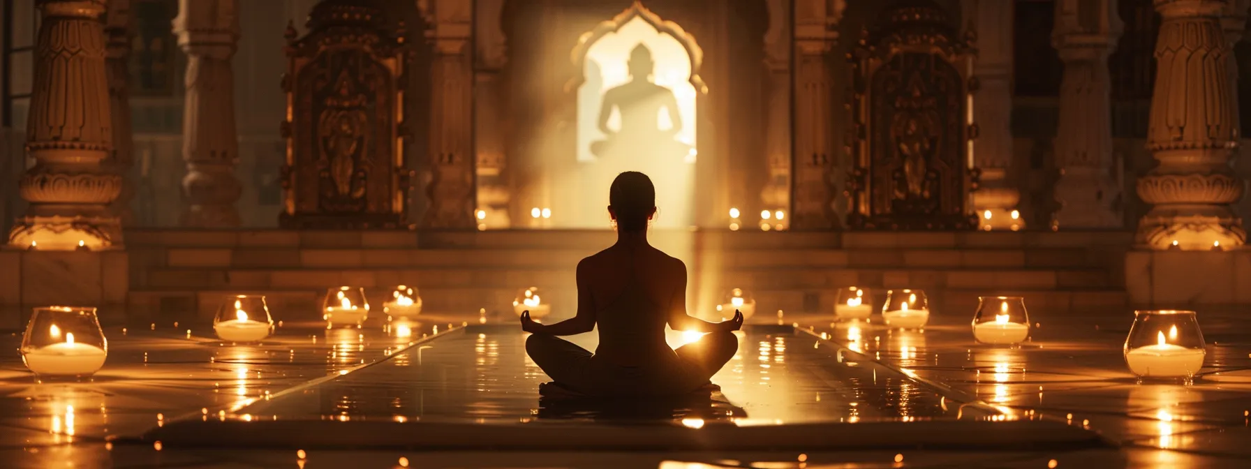 a person meditating in a peaceful, serene setting surrounded by soft candlelight, enveloped in the sound of the powerful om hreem namah mantra.