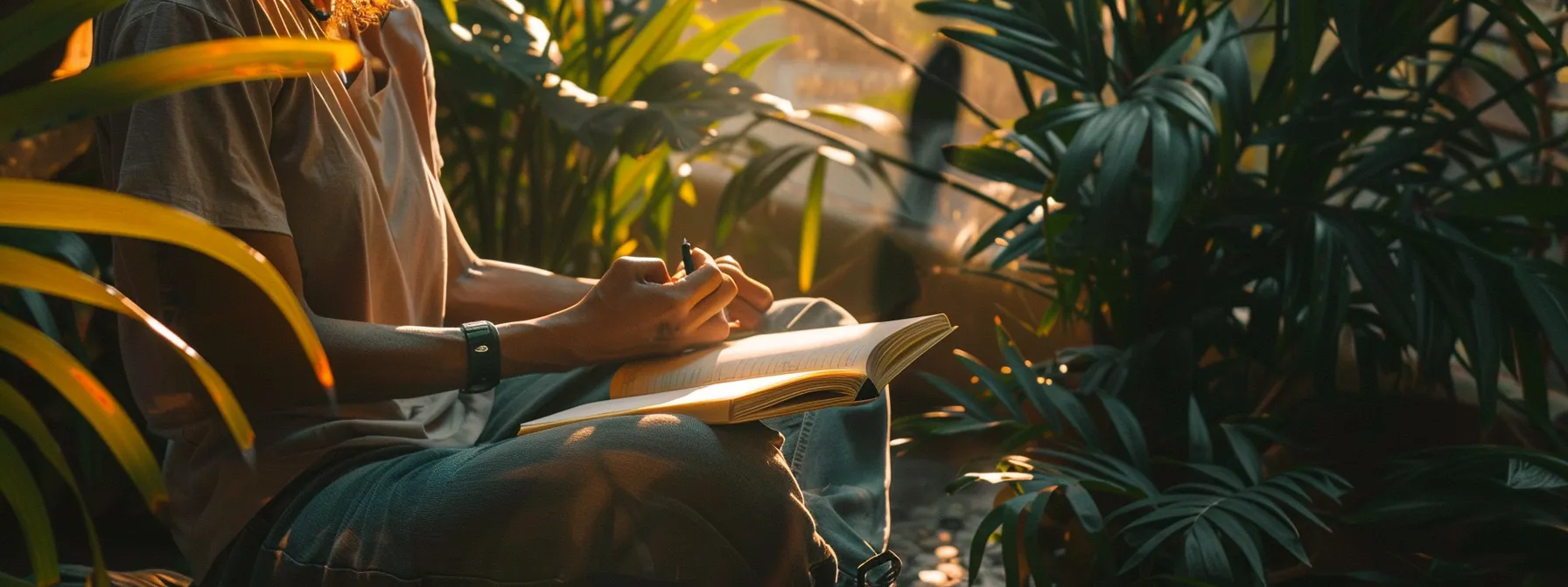 a person meditating in a serene outdoor setting, surrounded by lush greenery and soft sunlight, with a notebook and pen in hand to track their progress in a stress management plan.