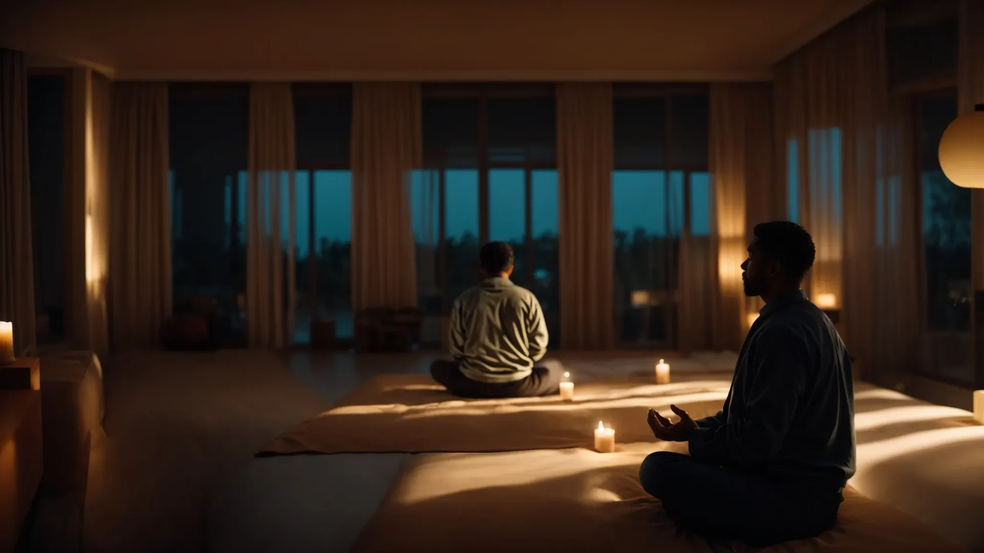 a person meditating in a serene, candlelit room, channeling their sexual energy towards focused creativity and personal growth.