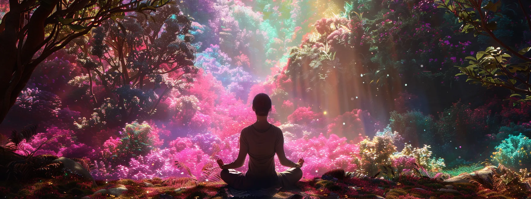 a person meditating peacefully amidst nature, surrounded by vibrant colors and a serene atmosphere to symbolize personal growth and emotional well-being through advanced psych-k training.