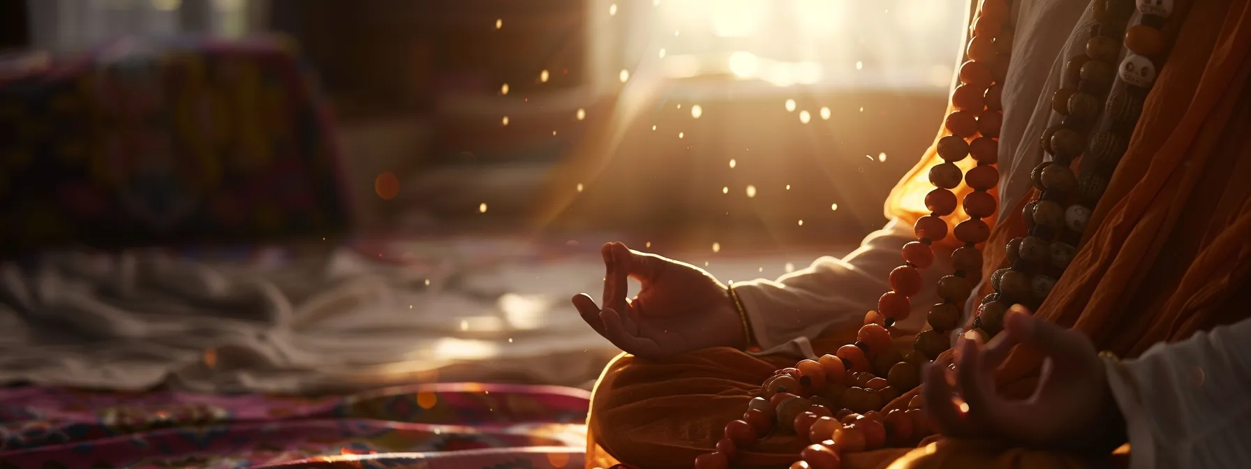 a person meditating peacefully, adorned with the twenty one mukhi rudraksha necklace, surrounded by a radiant aura of spiritual energy.