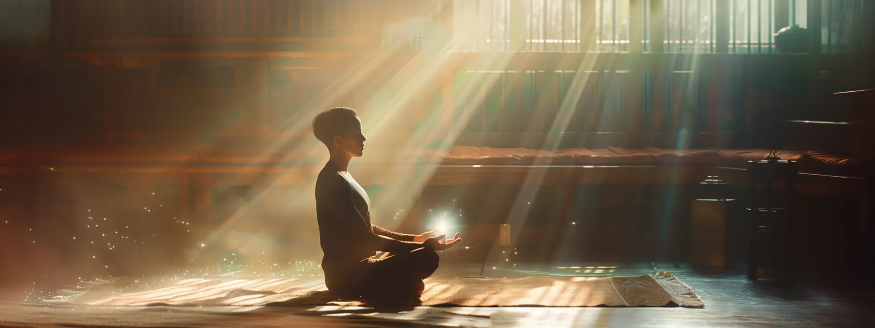 a person meditating peacefully, surrounded by a calming aura of light and positive energy.