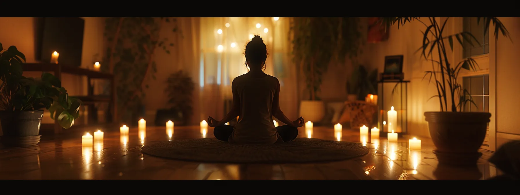 a person meditating peacefully in a serene, candlelit room during a transformative psych-k session.