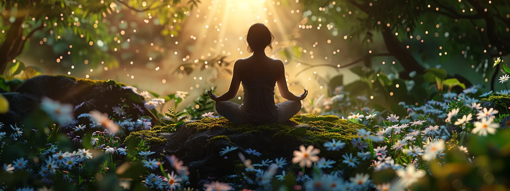 a person meditating peacefully in a serene natural setting, surrounded by blooming flowers, with a calm, steady heart rhythm visible on a digital monitor.