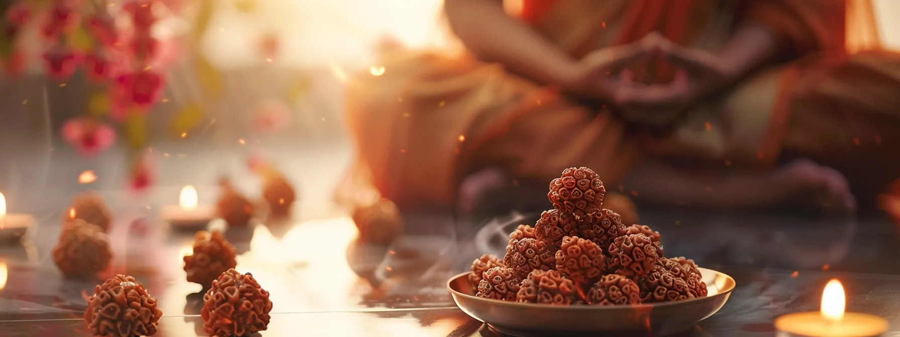 a person meditating peacefully, wearing the sixteen mukhi rudraksha, surrounded by a serene aura of divine protection and inner strength.