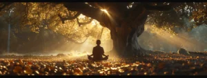 a person meditating under a majestic tree with sunlight streaming through the leaves, surrounded by a serene atmosphere.