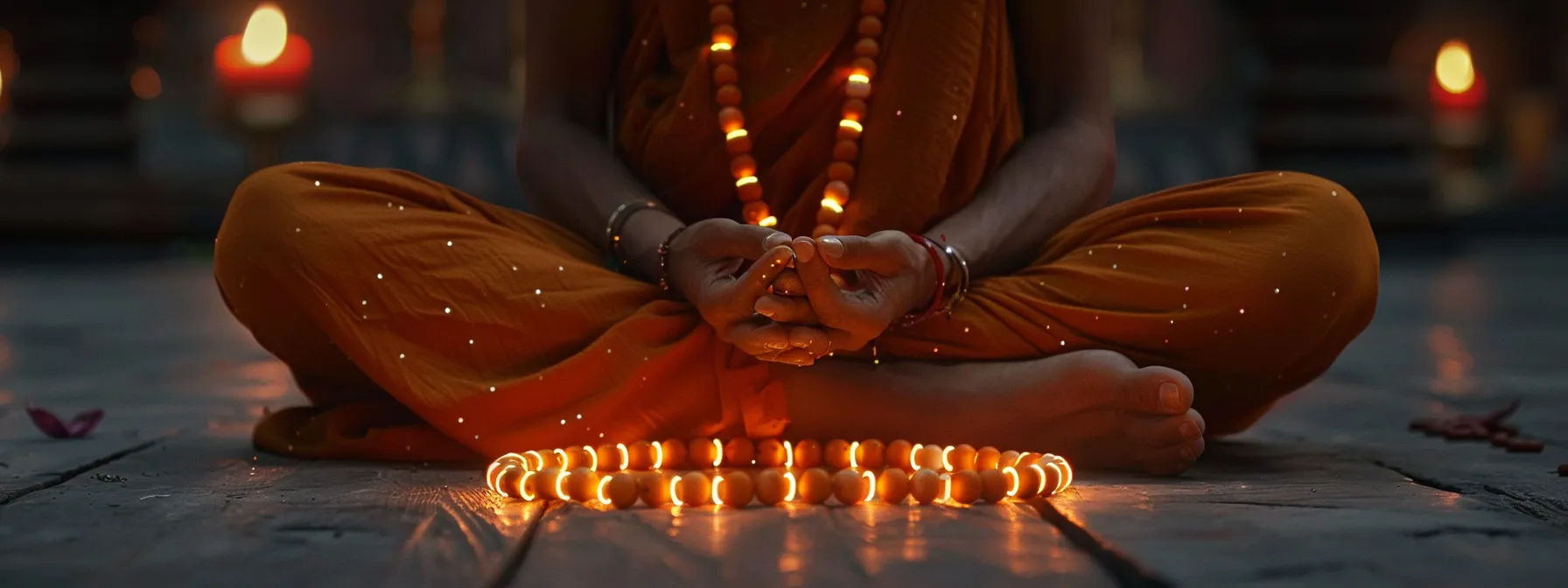 a person meditating with a glowing eighteen mukhi rudraksha necklace, embodying the fusion of ancient wisdom and modern spirituality.