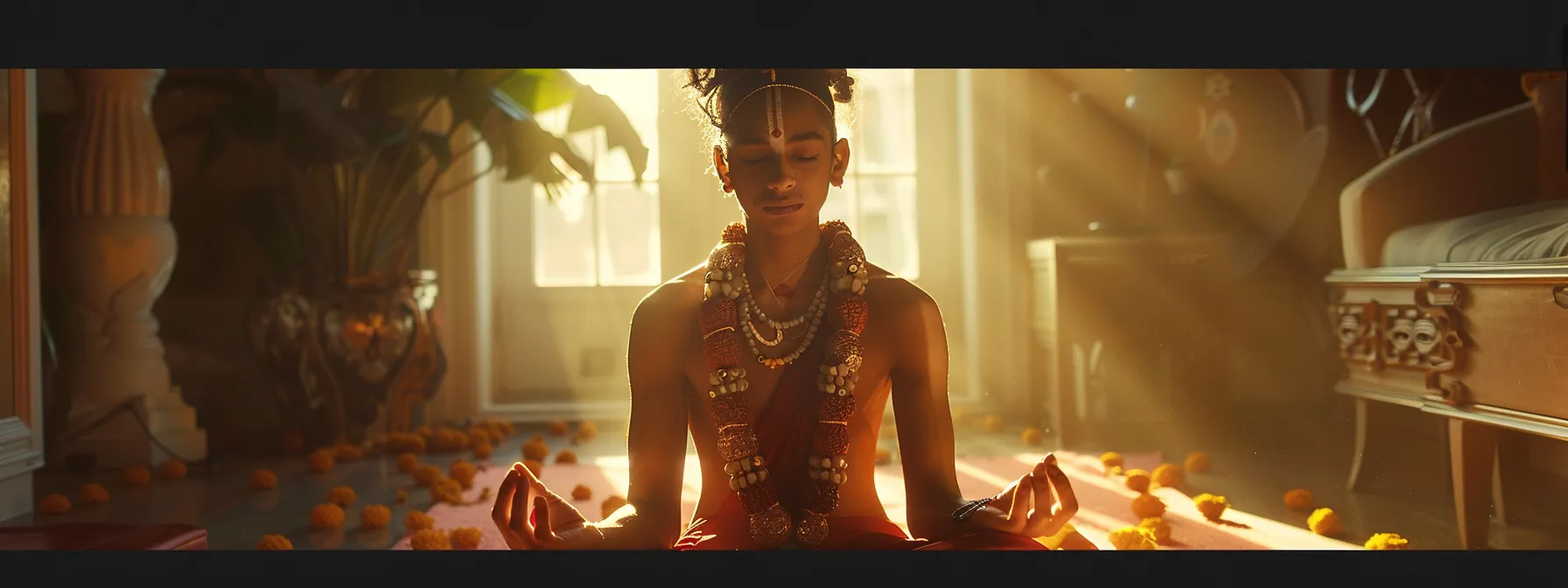 a person meditating with a serene expression, wearing a ten mukhi rudraksha necklace, surrounded by a soft golden light.