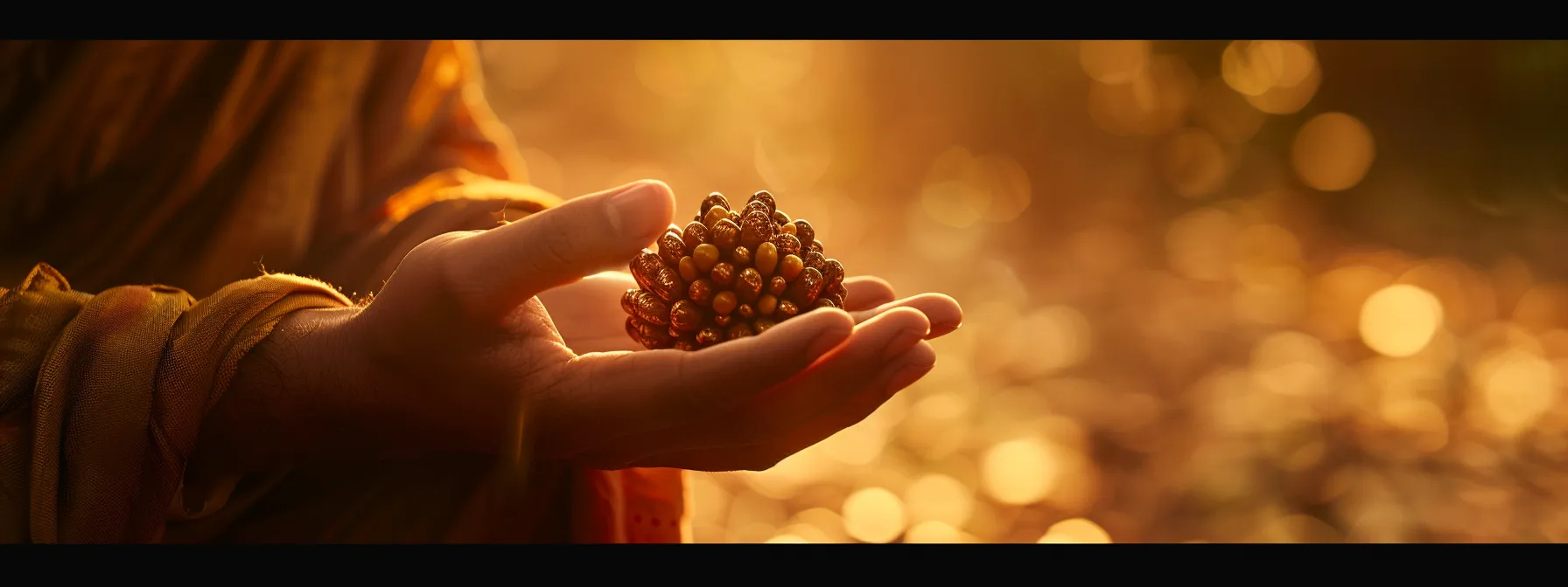 a person meditating with eyes closed, holding the three mukhi rudraksha bead in their hand, surrounded by a soft golden light.