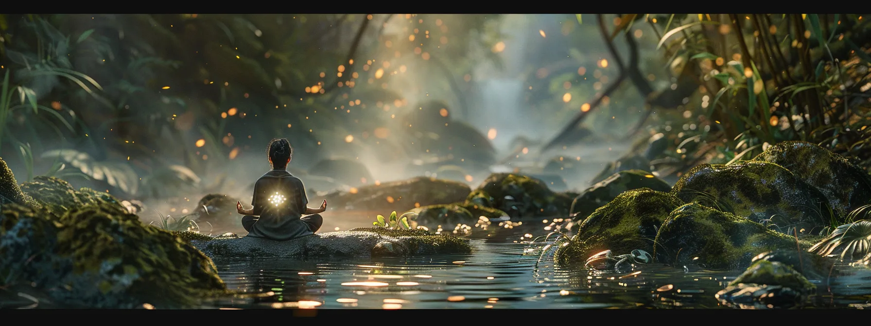 a person peacefully meditating in a serene natural setting, surrounded by glowing heart chakra energy and wearing the powerful fifteen mukhi rudraksha bead.