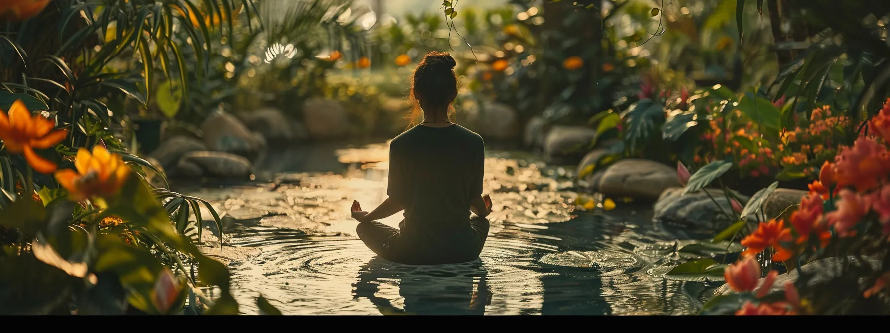 a person peacefully meditating in a serene garden, surrounded by vibrant flowers and a tranquil pond.