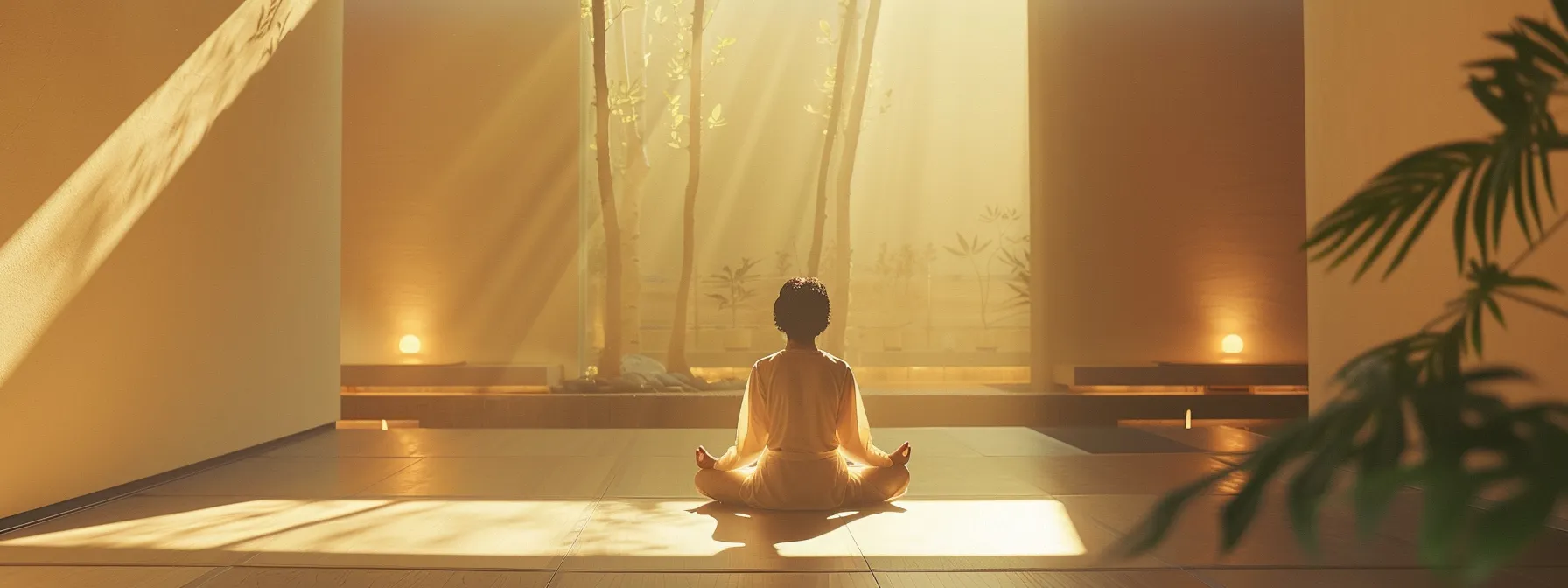 a person peacefully meditating in a serene setting surrounded by gentle, calming colors and soft natural light.