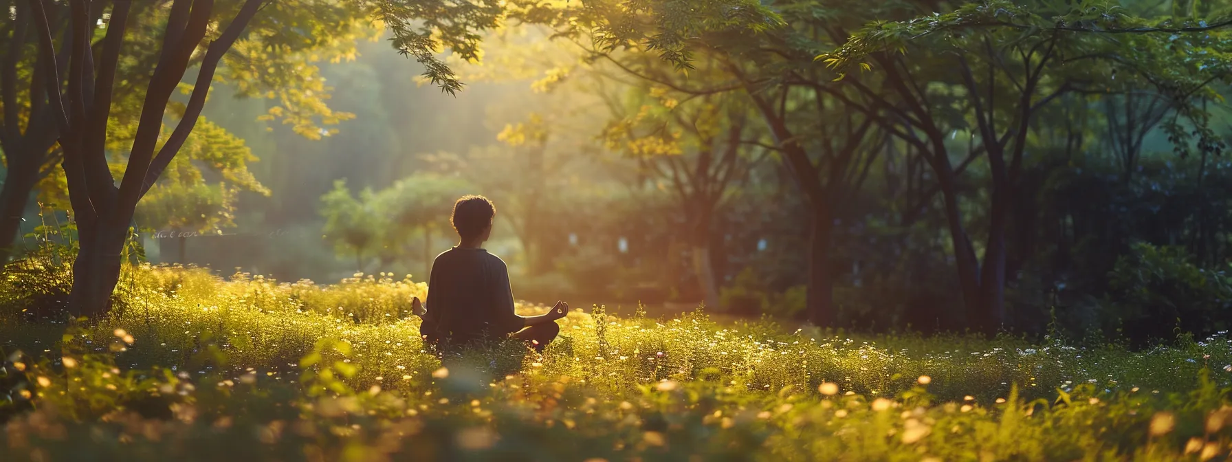 a person peacefully meditating in a serene natural setting, surrounded by soft, calming colors and gentle sunlight filtering through the trees.