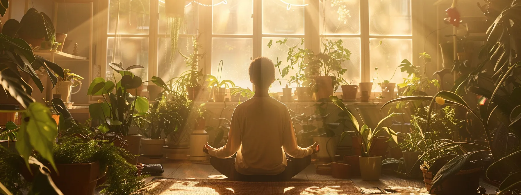 a person peacefully meditating in a sunlit room surrounded by plants and affirmations for financial success.