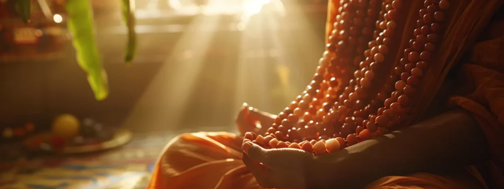 a person peacefully meditating while wearing a radiant twenty-one mukhi rudraksha necklace.