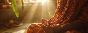 a person peacefully meditating while wearing a radiant twenty-one mukhi rudraksha necklace.