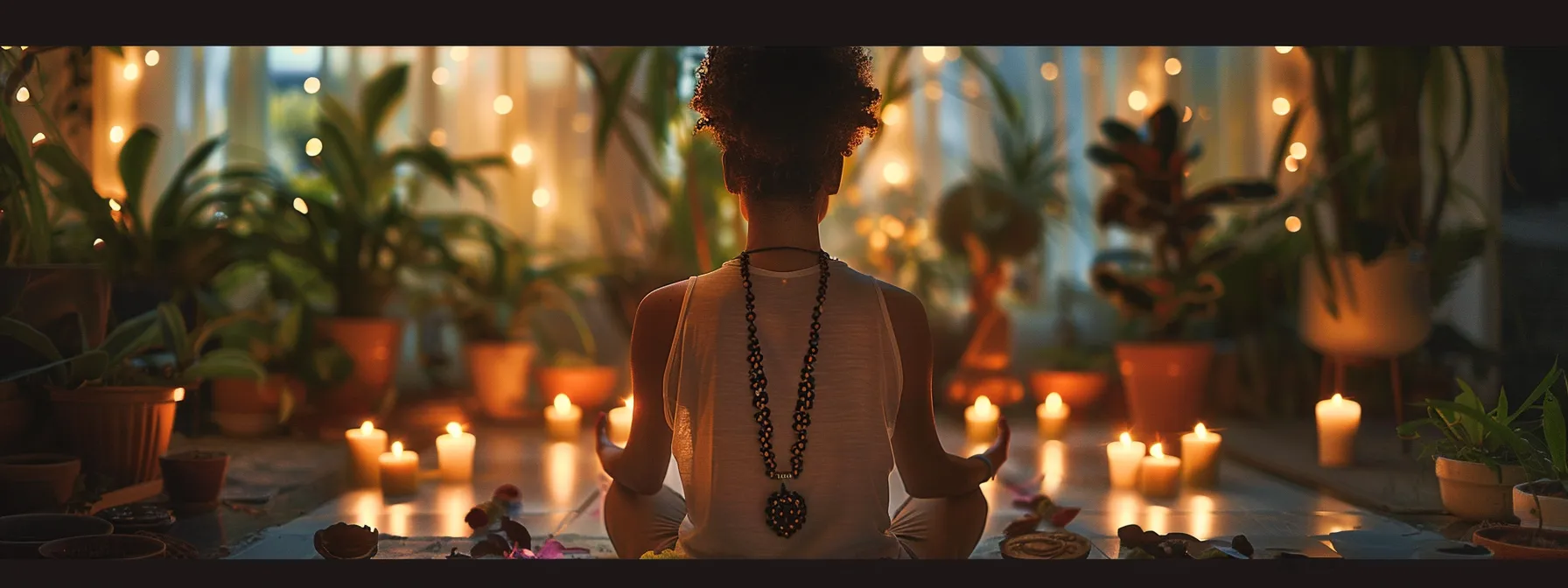 a person peacefully meditating with a twenty mukhi rudraksha bead around their neck, surrounded by calming candles and plants.