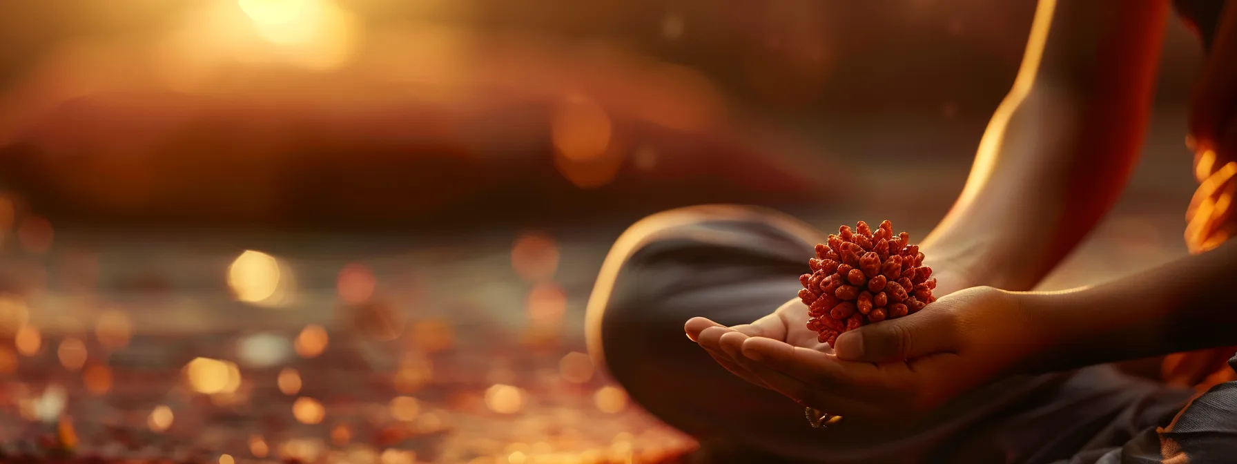 a person peacefully meditating with a nine mukhi rudraksha bead held in their palm, surrounded by a soft glow of spiritual energy.