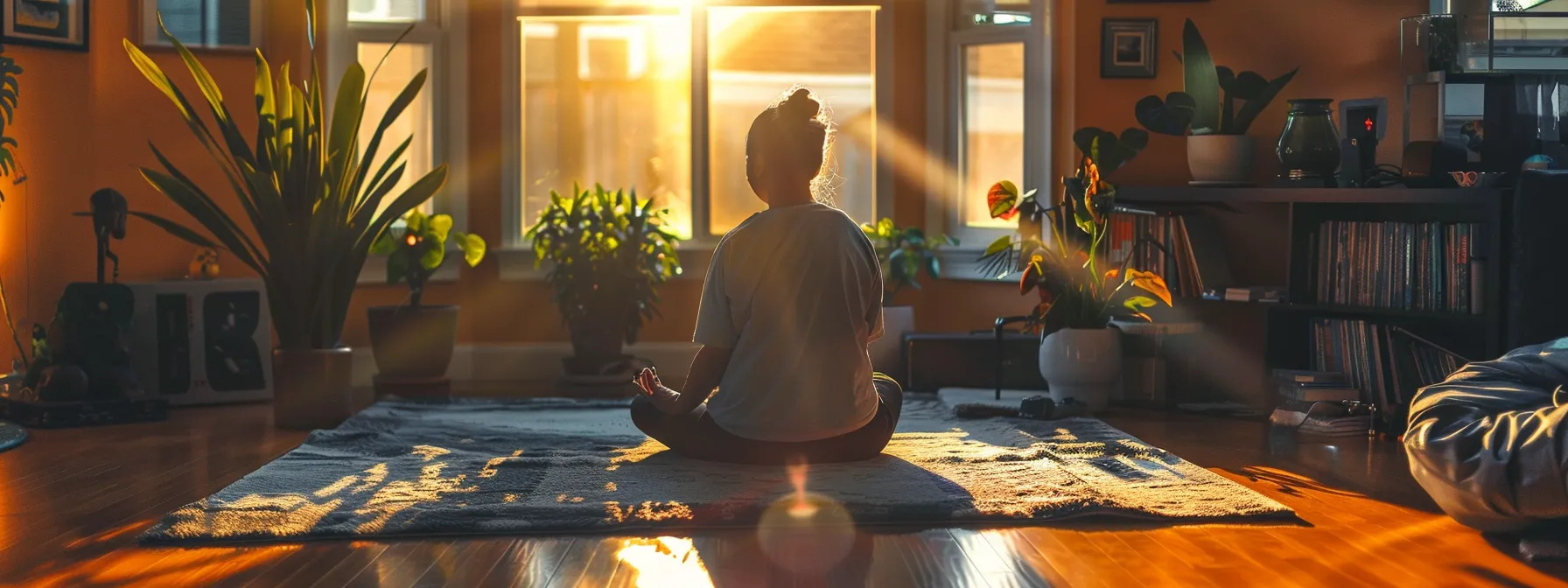 a person peacefully practicing heartmath techniques in a serene home environment.