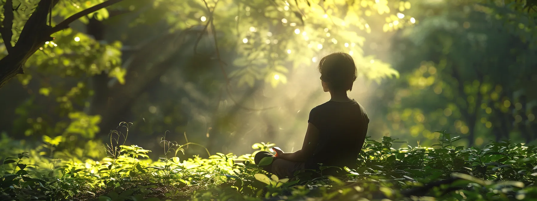 a person peacefully practicing heartmath techniques in nature, surrounded by serene greenery and enjoying a moment of tranquility.