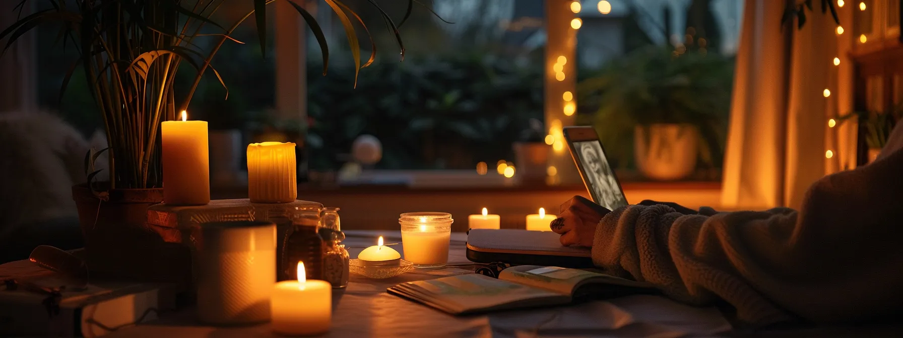 a person peacefully practicing psych-k techniques at home amidst soft candlelight, surrounded by calming self-care items and a journal to track progress.