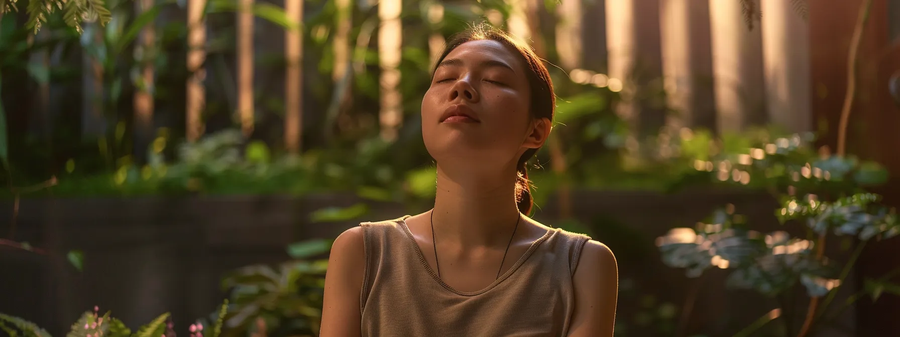 a person peacefully sitting with closed eyes, focusing on their steady heart-centered breath, surrounded by a serene and calming atmosphere.