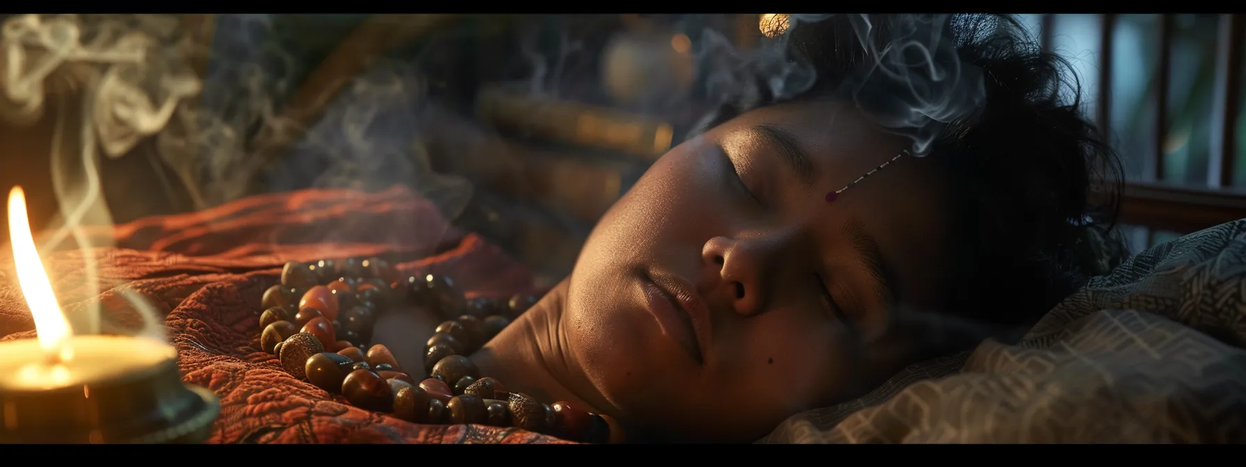 a person peacefully sleeping with a three mukhi rudraksha necklace next to them, surrounded by soothing incense and crystals.