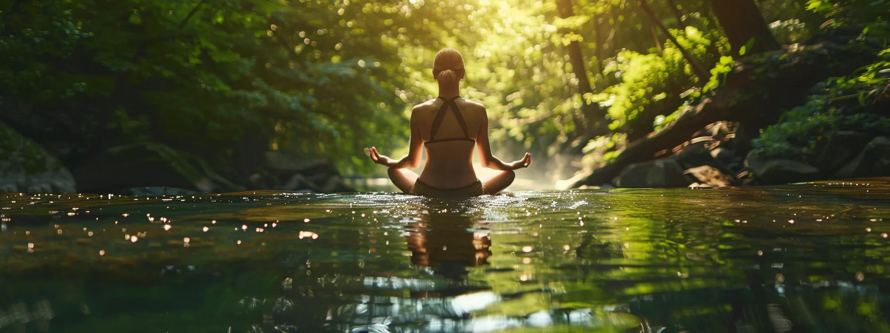 a person practicing heart coherence techniques in a serene natural setting, surrounded by lush green trees and peaceful flowing water.