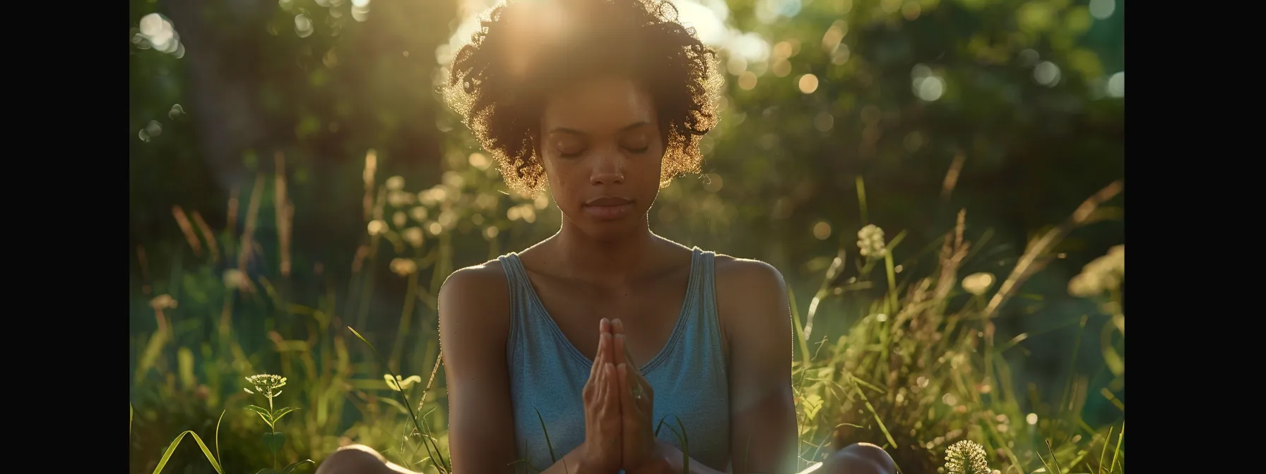 a person practicing heart coherence technique, with a calm expression and focused gaze, surrounded by serene nature.