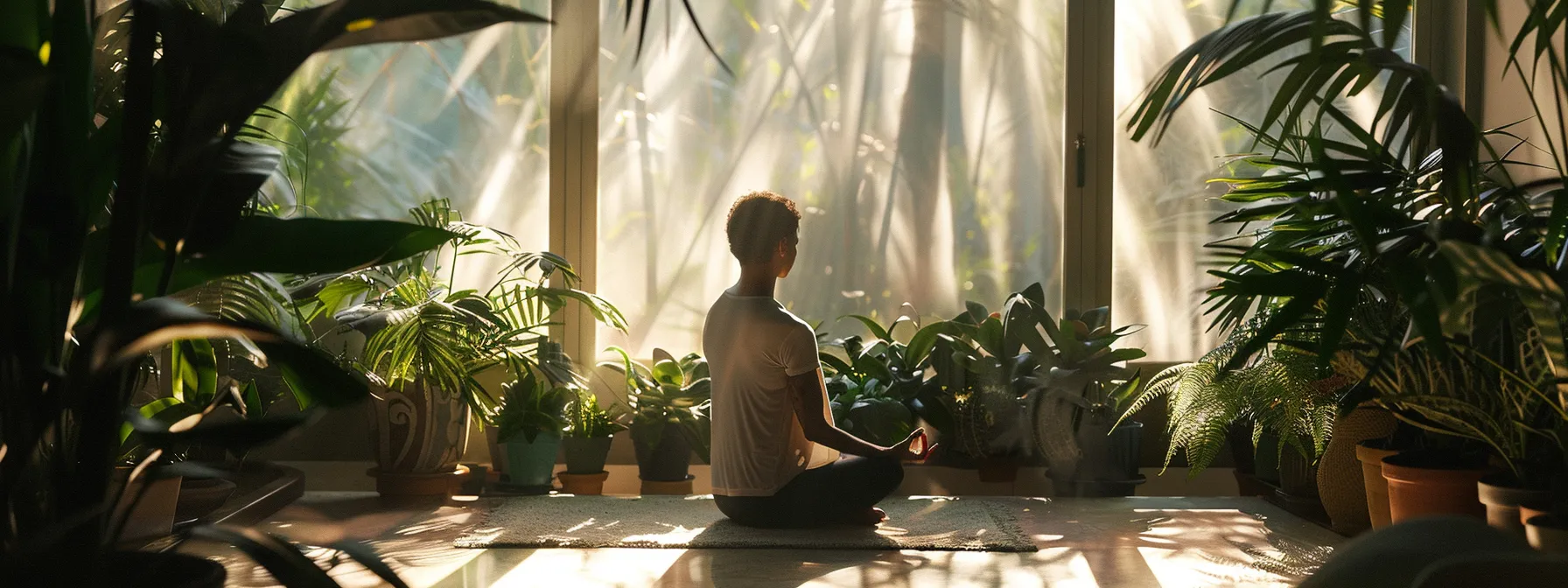 a person practicing heartmath breathing techniques in a serene, sunlit room, surrounded by plants and calming decor.