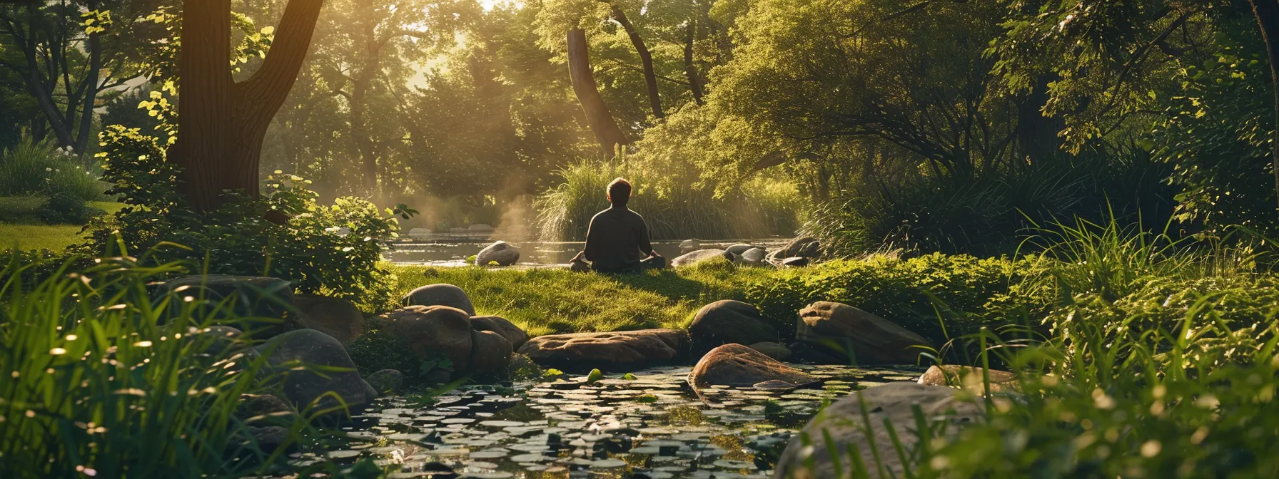 a person practicing heartmath techniques in a serene natural setting, surrounded by calming greenery and a peaceful atmosphere.