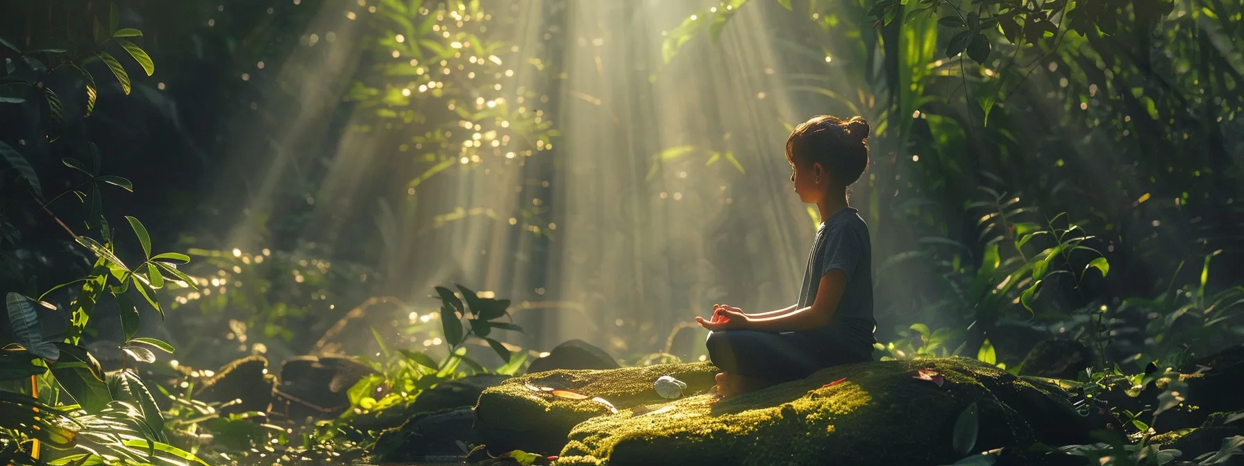 a person practicing heartmath techniques in a serene natural setting, surrounded by lush greenery and gentle sunlight, reflecting emotional resilience and well-being.