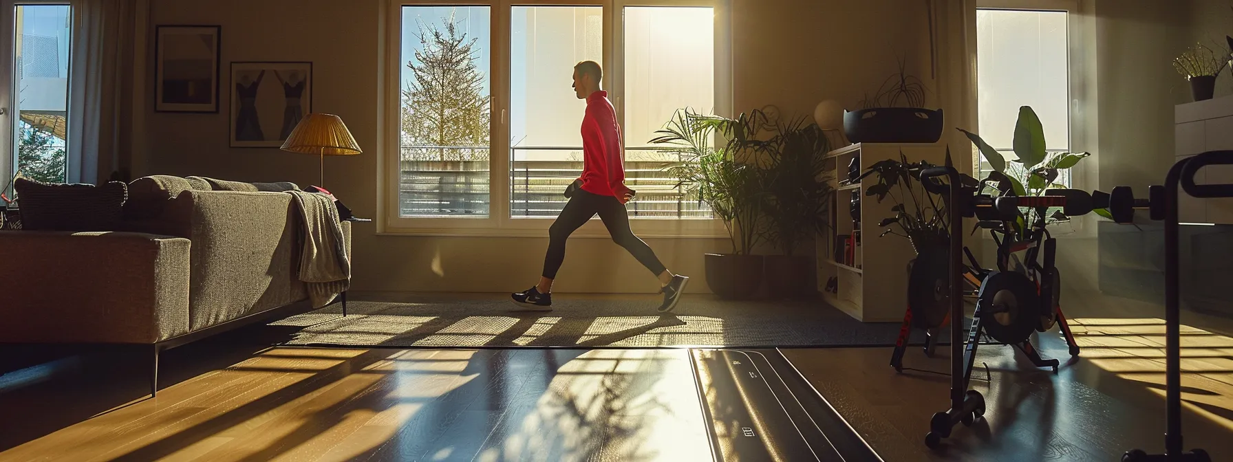 a person seamlessly transitioning from a living room to a gym, showcasing the influence of contextual factors on habit formation.